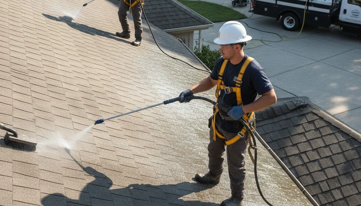 Seattle roof cleaning service removing moss and debris for a home in Seattle, WA