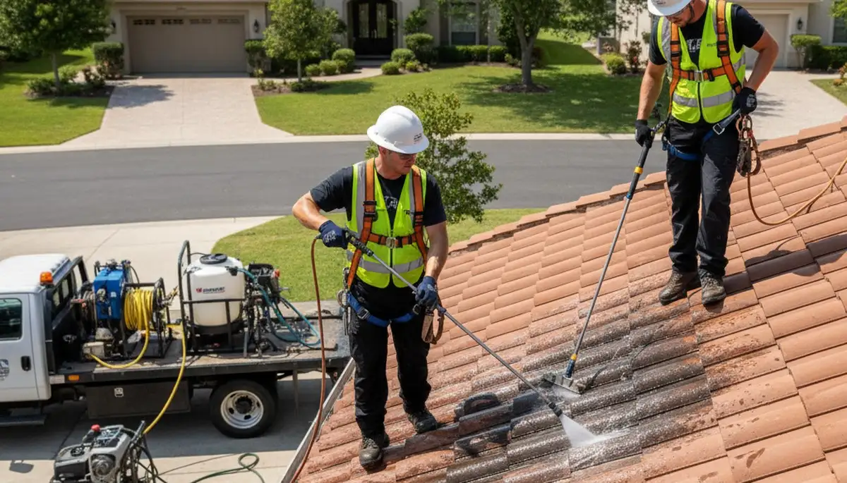 Seattle, WA roofing service crew removing moss and debris from a residential roof during cleaning work
