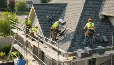 Seattle, WA roofing crew installing durable roof for rain and moss protection on a home